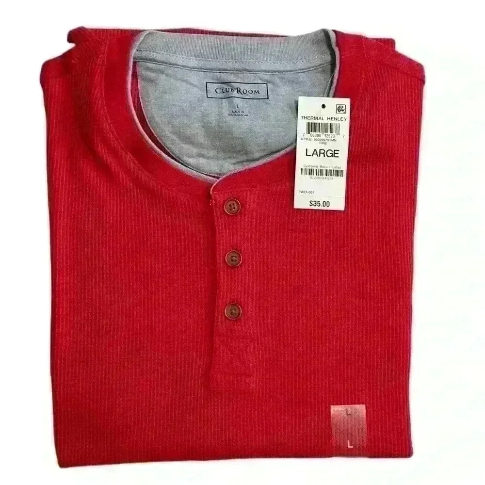 New Club Room Men's Fire Thermal Henley Shirt Size L Crewneck Three Buttom - Picture 10 of 10